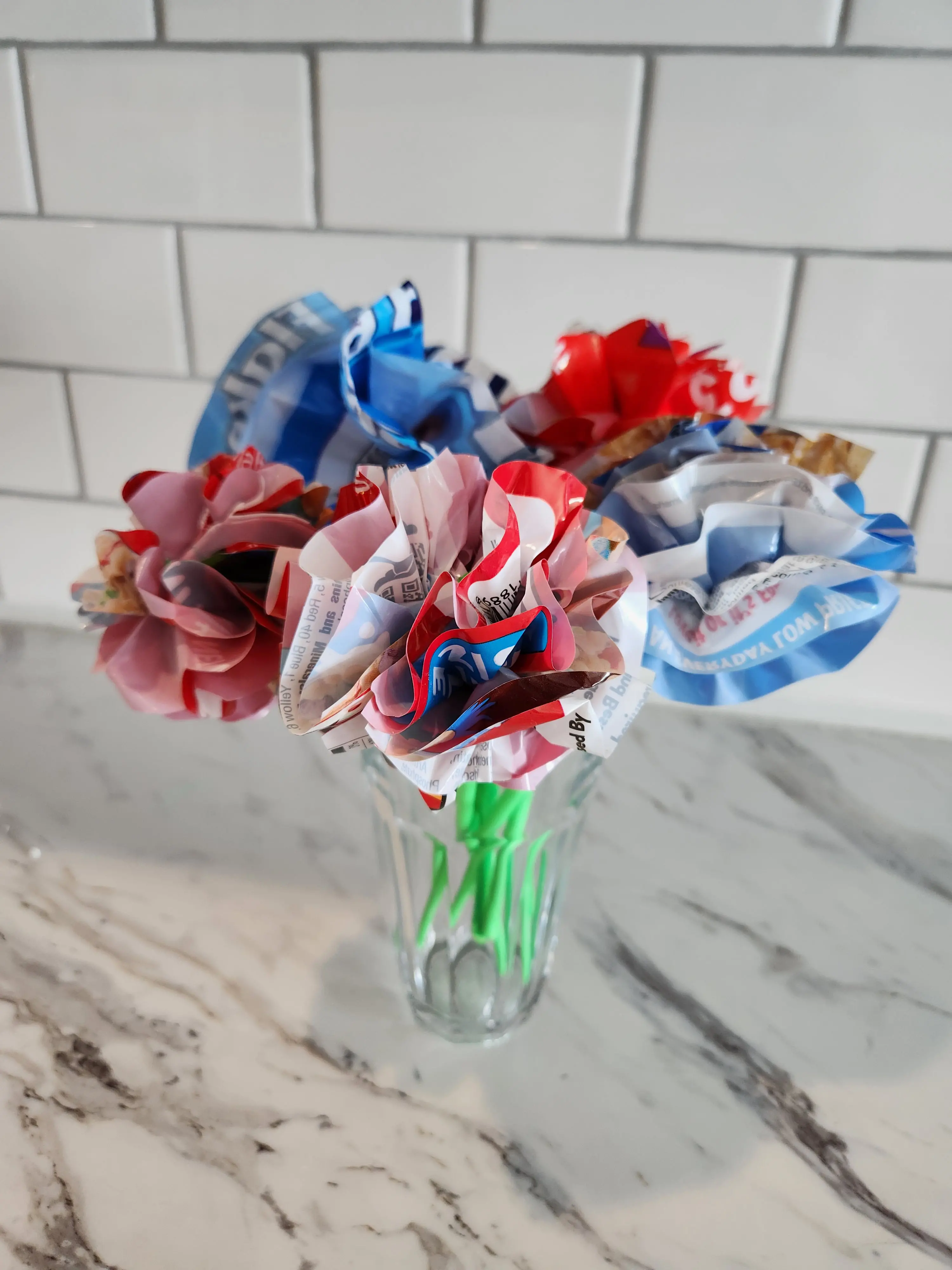 A bouquet of flowers made out of cereal bags