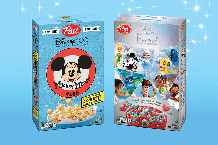 Both sides of a box of special edition Disney confetti cake cereal.