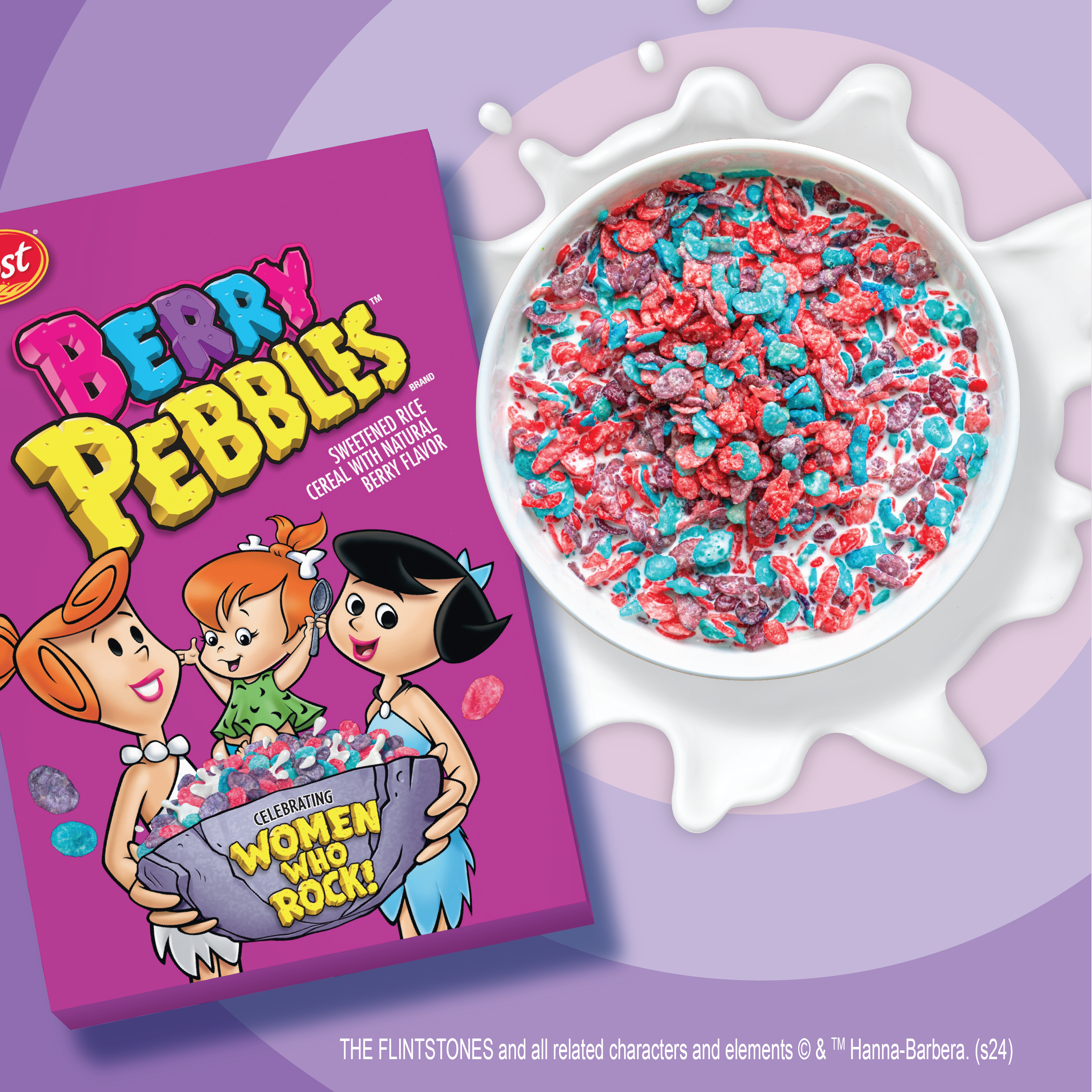 Berry PEBBLES cereal box and bowl filled with cereal