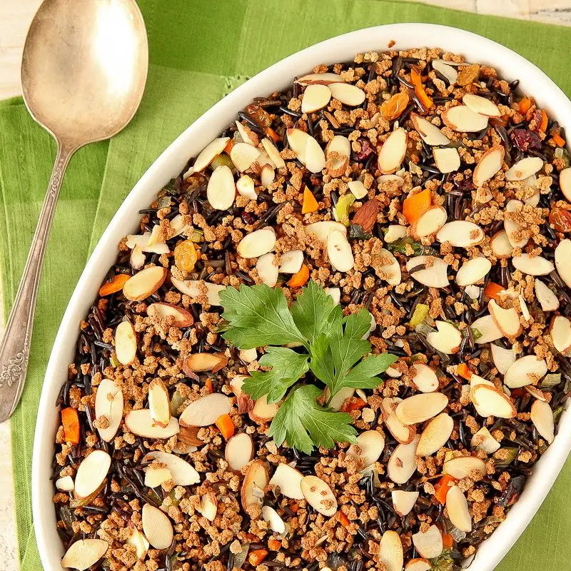 A bowl of wild rice and Grape-Nuts stuffing.