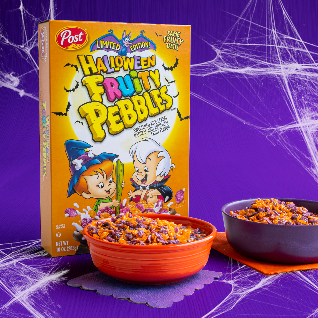 Halloween Fruity PEBBLES Cereal in an Orange Cereal Bowl