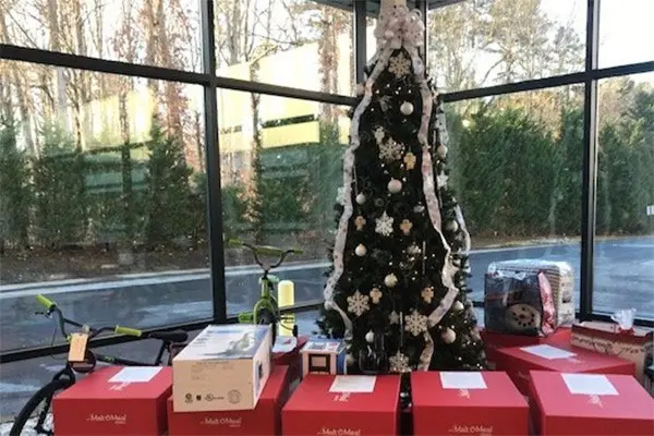 Decorated tree displayed in the lobby of Post Consumer Brands' Asheboro facility.