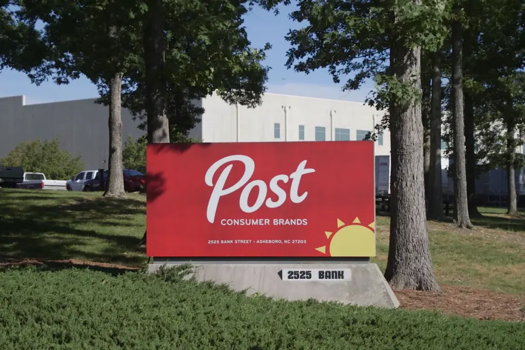 Welcome sign at the Post cereal plant in Asheboro, North Carolina