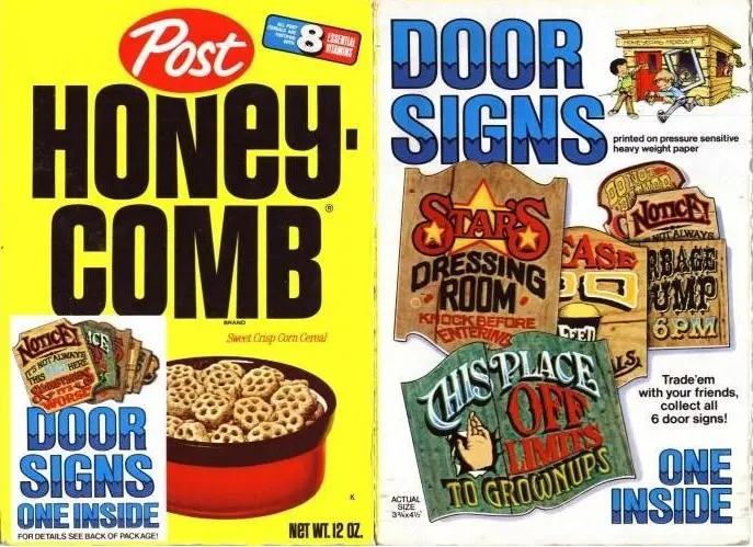 Honeycomb cereal box from the 1970s with free door signs