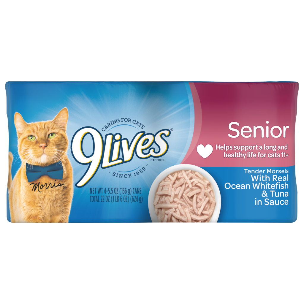 9Lives Tender Morsels Pate Senior Whitefish Tuna Wet Cat Food Front Package